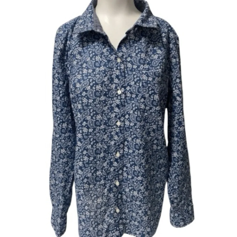 Vintage Floral Blouse Tommy Hilfiger Chambray Blue Cotton Minimalist Size XL - Picture 3 of 17